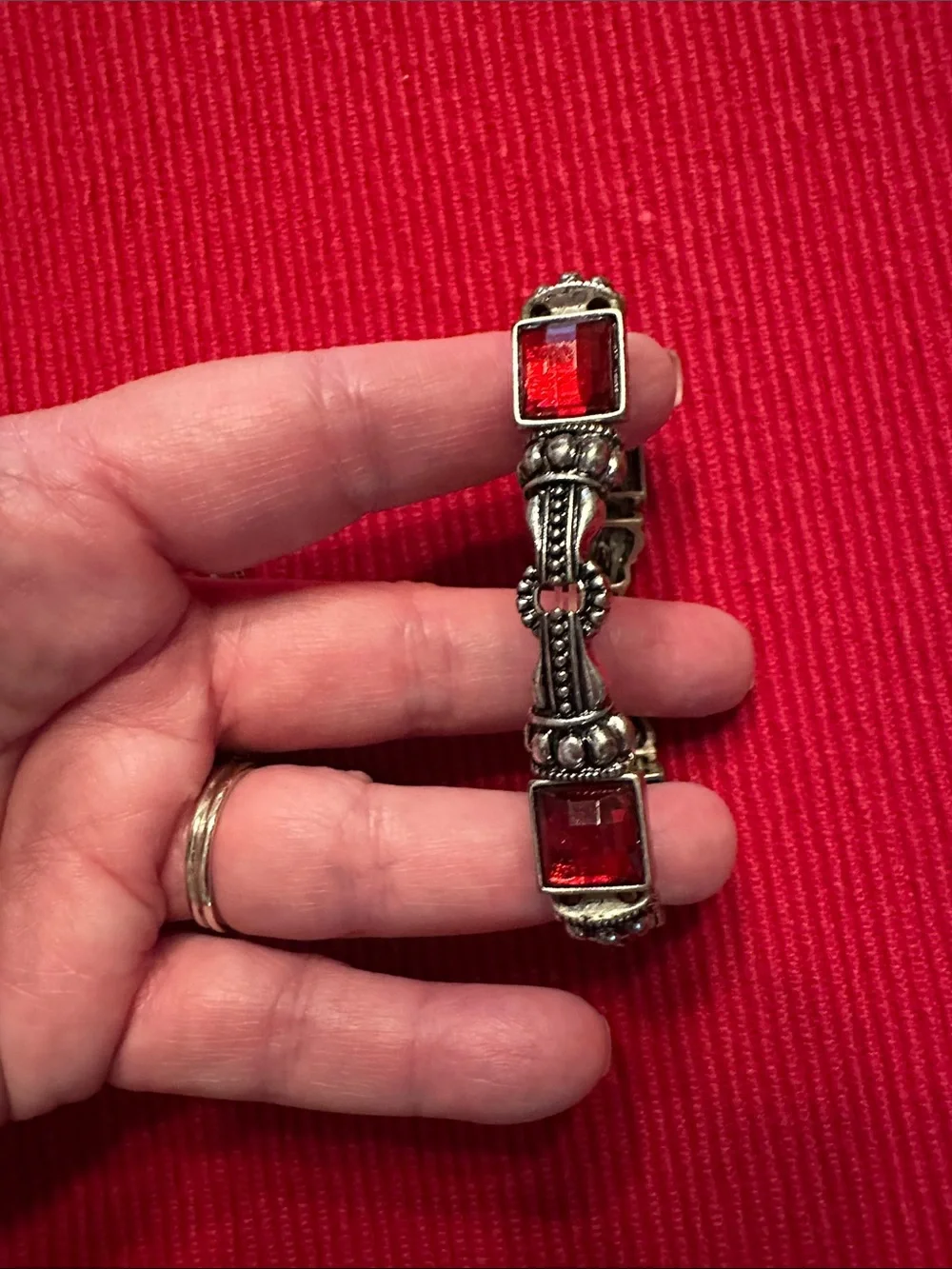 Women's Silver-Tone Bracelet duo and earrings with Red Gem Accents